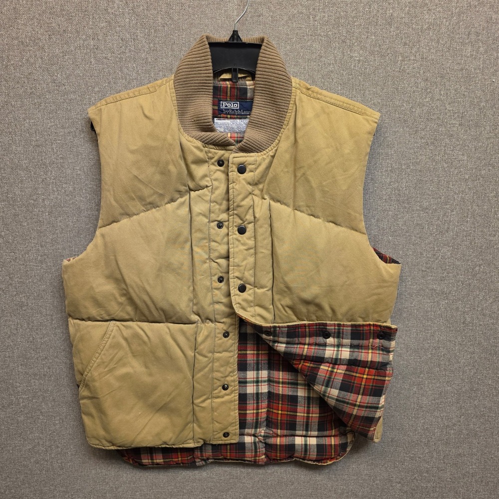 Vintage Polo Ralph Lauren Mens L Tan Down Puffer Vest Cotton Canvas Plaid